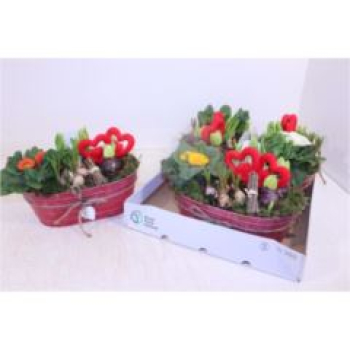 Frühlingsmix in Blechschale-oval in pink